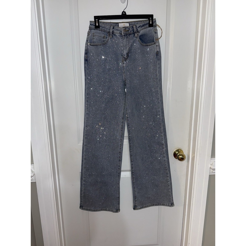 Austin Landing Women's Crystal Embellished Front Wide Leg Blue Jeans size 7 NWOT